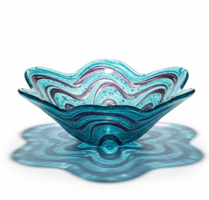 Dekorativ glasskål med bølget kant og lagdelt mønster