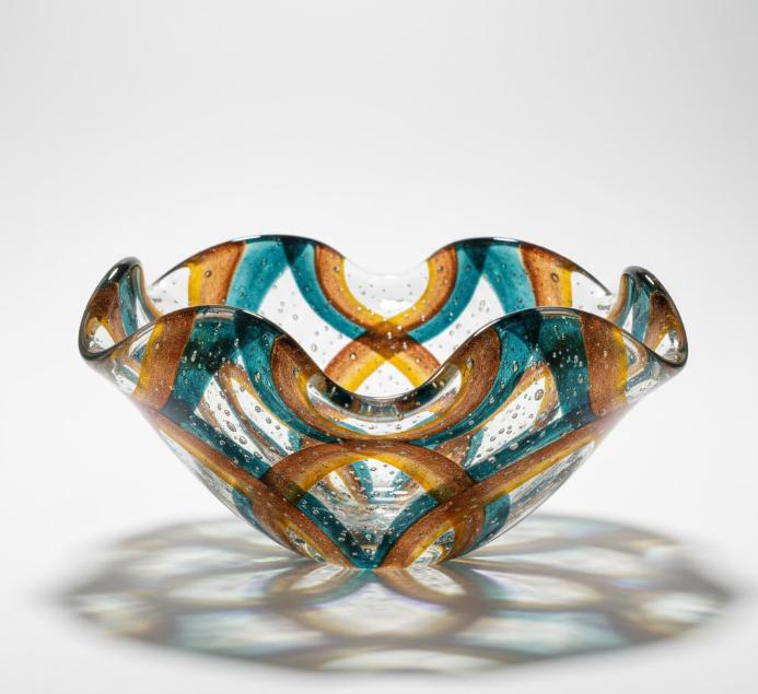 Dekorativ glasskål med buede farvebånd