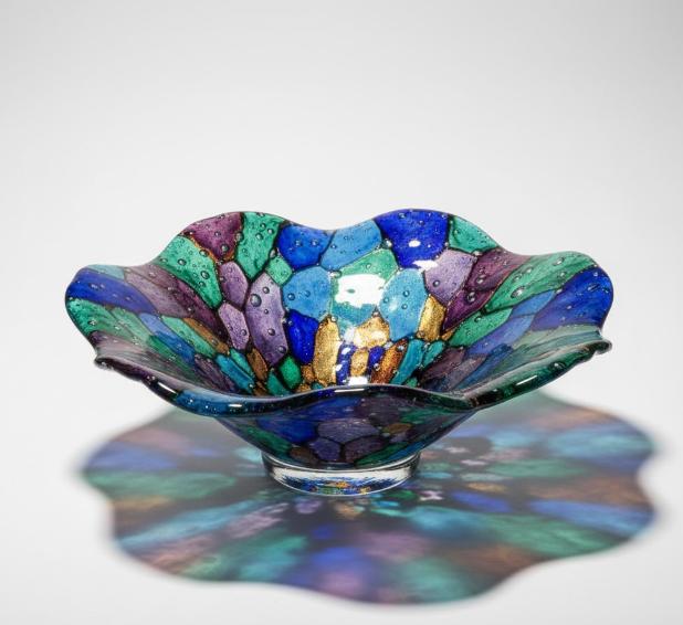 Dekorativ glasskål med mosaiklignende mønster