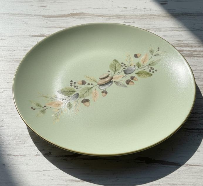 Dekorativ tallerken med bladmotiv og naturdetaljer