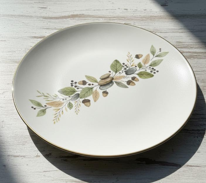 Dekorativ tallerken med bladmotiv og naturdetaljer