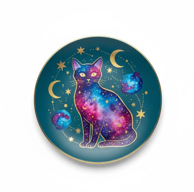 Dekorativ tallerken med kattemotiv og stjernedetaljer