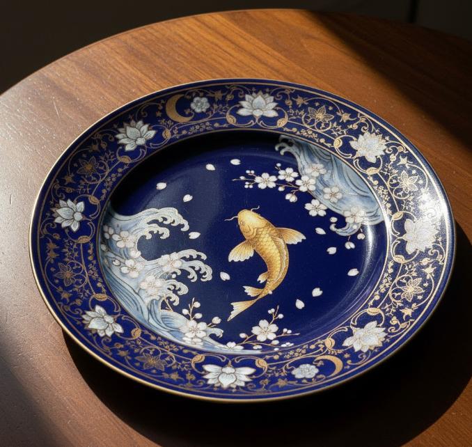 Dekorativ tallerken med koi-motiv og blomsterkant