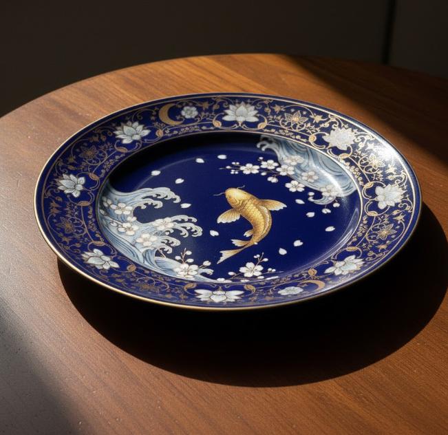 Dekorativ tallerken med koi-motiv og blomsterkant