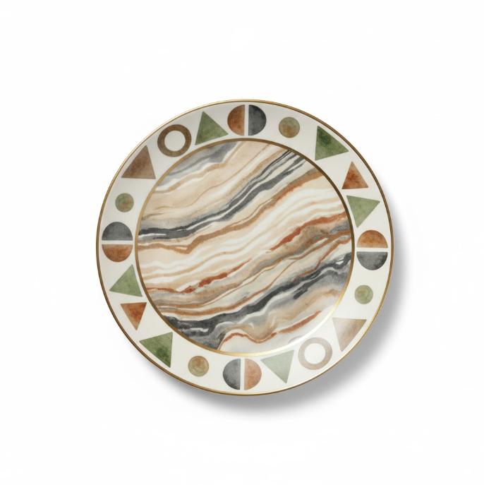 Dekorativ tallerken med marmoreret midte og geometrisk kant