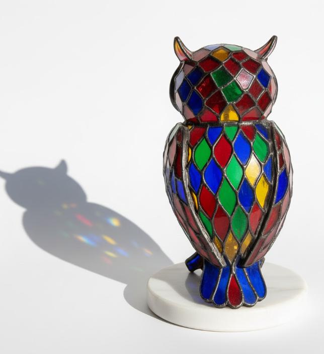 Dekorativ ugleskulptur i farvet glas