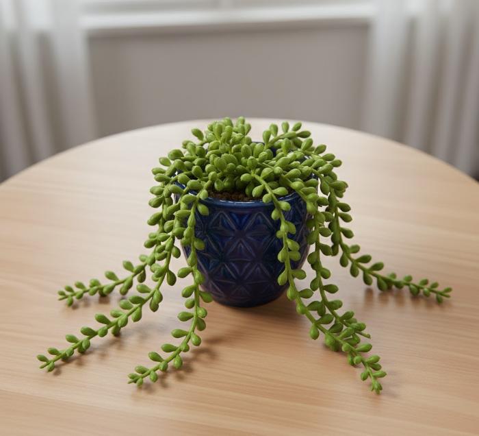 Kunstig hængende sukkulent i dekoreret potte