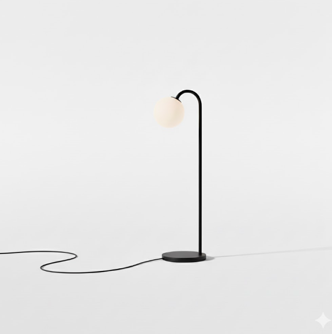 Minimalistisk bordlampe med rund skærm og metalfod