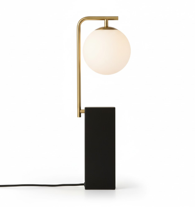 Bordlampe i minimalistisk form med rund skærm