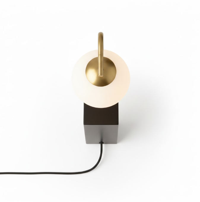 Bordlampe i minimalistisk form med rund skærm